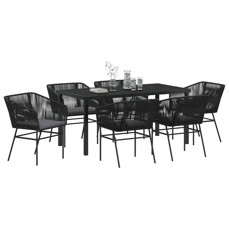 vidaXL 7 Piece Powder-Coated Steel Garden Dining Set with Cushions in Black