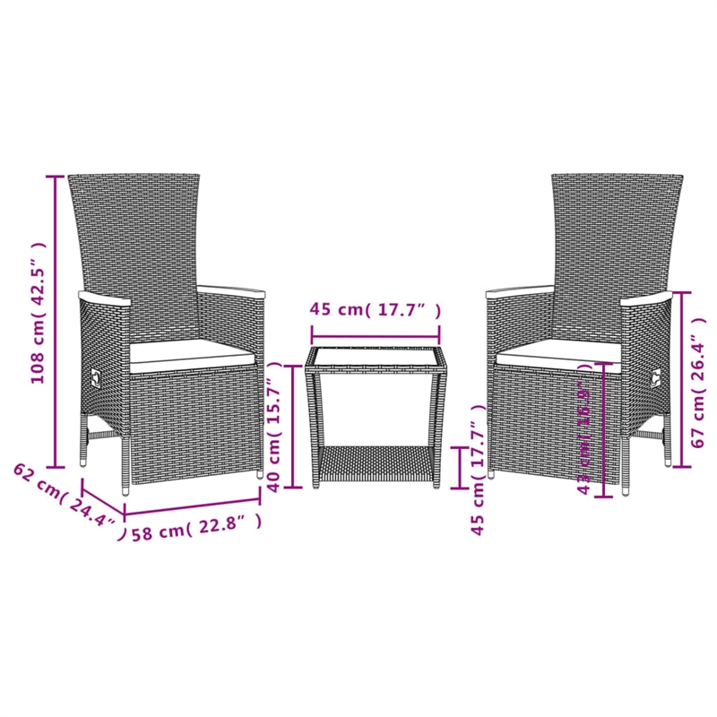 vidaXL 3 Piece Steel Garden Dining Set in Black/Cream White