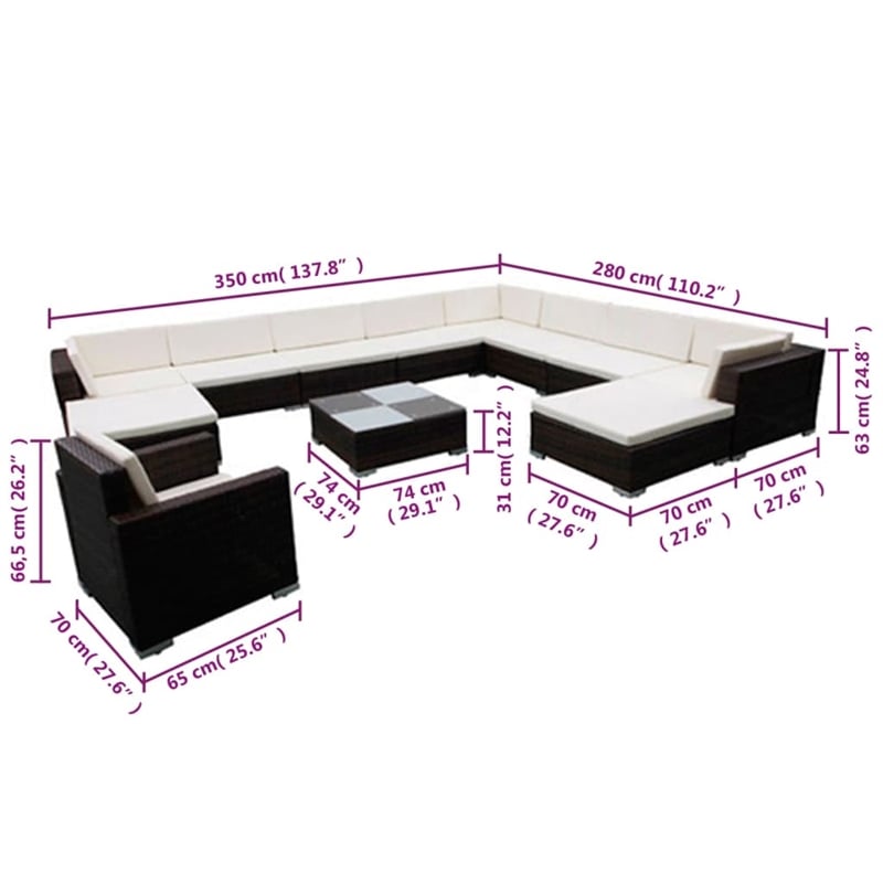 vidaXL 12 Piece Poly Rattan Garden Lounge Set in Black/White/Cream