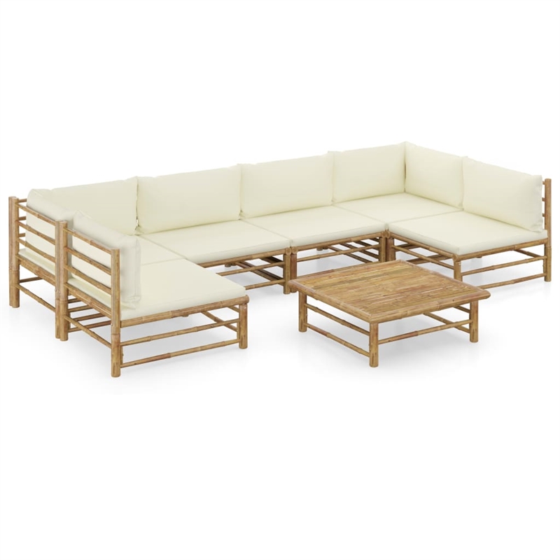 vidaXL 7 Piece Bamboo Garden Lounge Set in White/Cream
