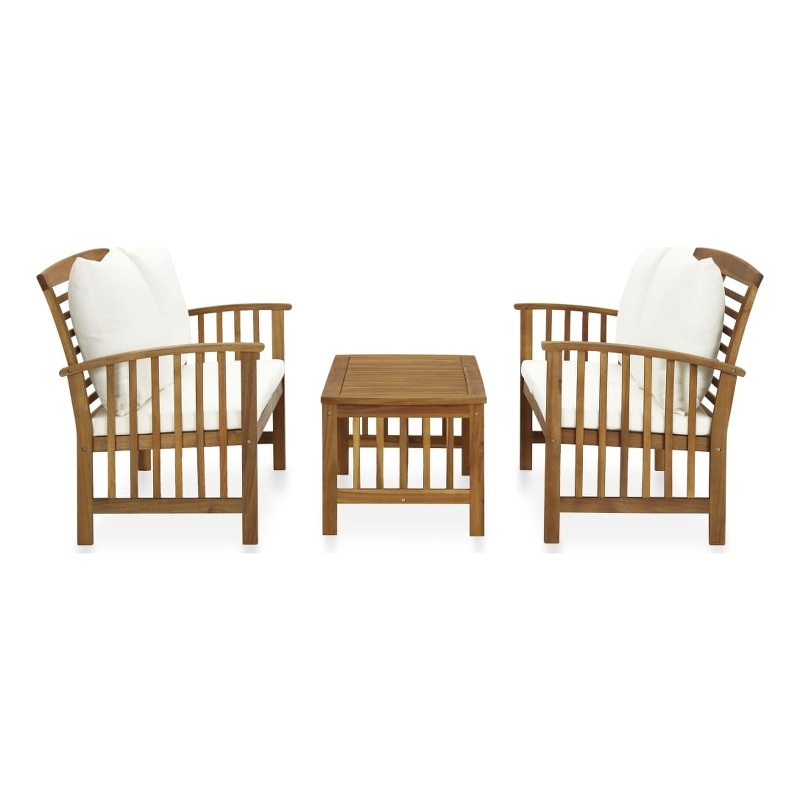 vidaXL 3 Piece Solid Acacia Wood Medium Garden Lounge Set in White/Cream