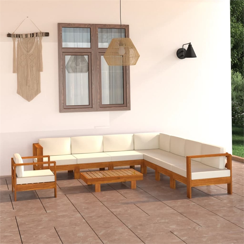 vidaXL 9 Piece Solid Acacia Wood Large Lounge Set in White/Cream