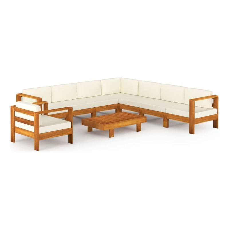 vidaXL 9 Piece Solid Acacia Wood Large Lounge Set in White/Cream