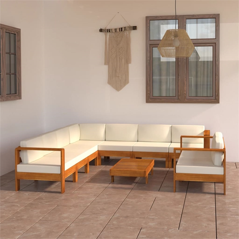 vidaXL 9 Piece Solid Acacia Wood Lounge Set in White/Cream