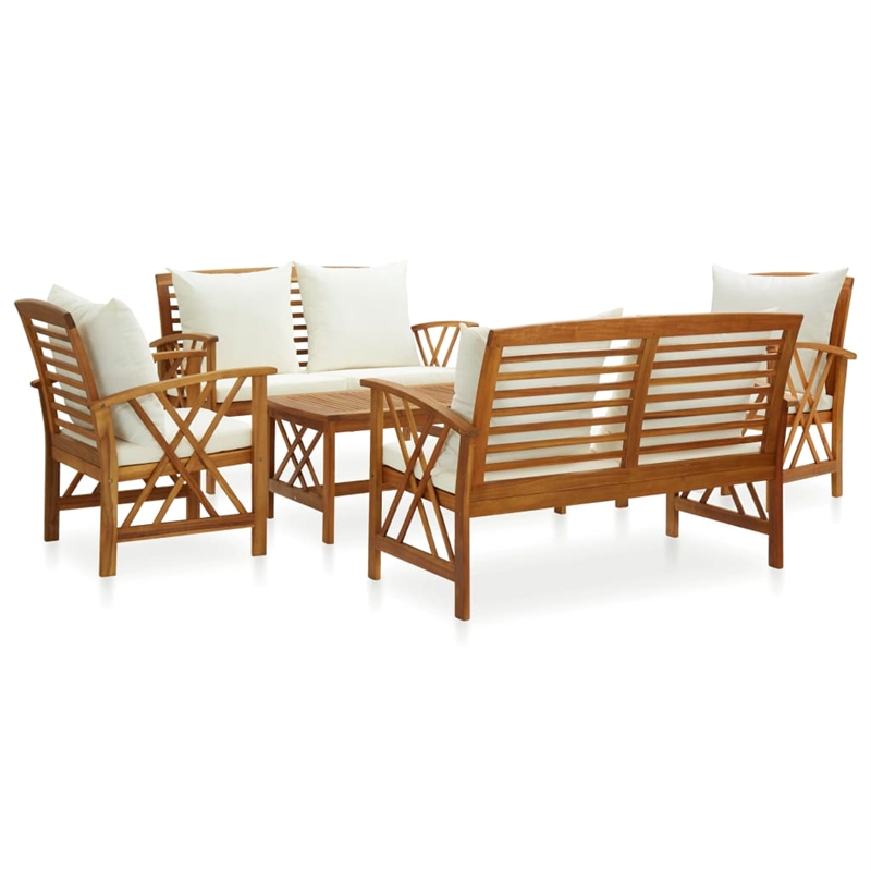 vidaXL 5 Piece Solid Acacia Wood Garden Lounge Set in White/Cream/Natural