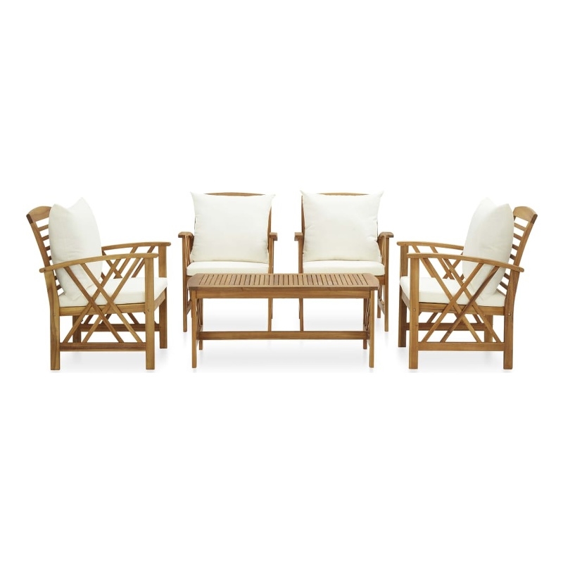 vidaXL 5 Piece Solid Acacia Wood Garden Lounge Set in White/Cream/Natural