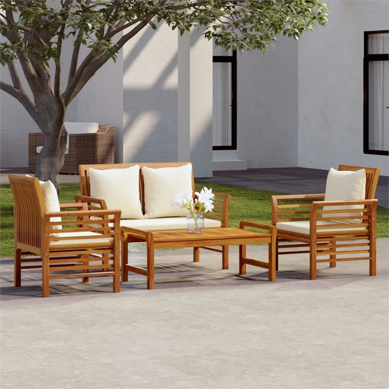 vidaXL 4 Piece Solid Acacia Wood Garden Lounge Set in White/Cream/Natural