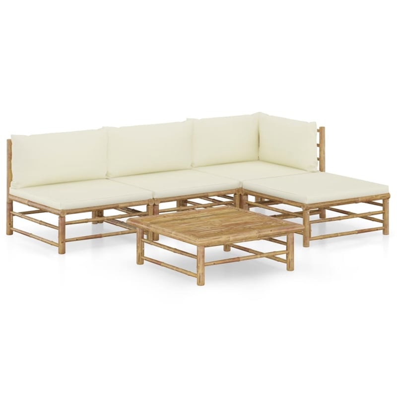 vidaXL 5 Piece Bamboo Garden Lounge Set in White/Cream