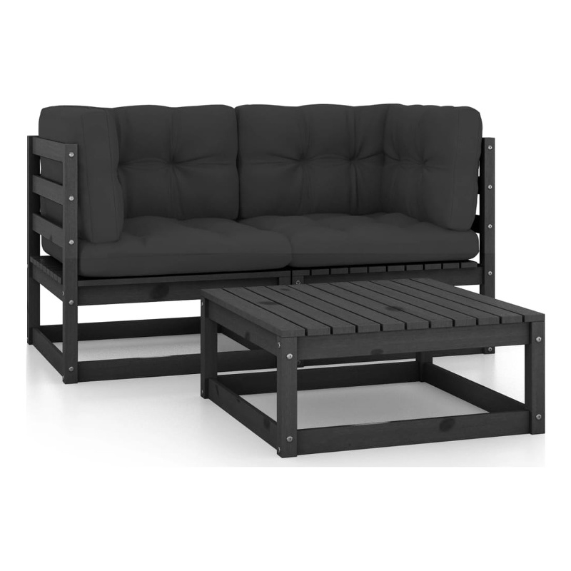 vidaXL 3 Piece Wood Garden Lounge Set in Black/Anthracite