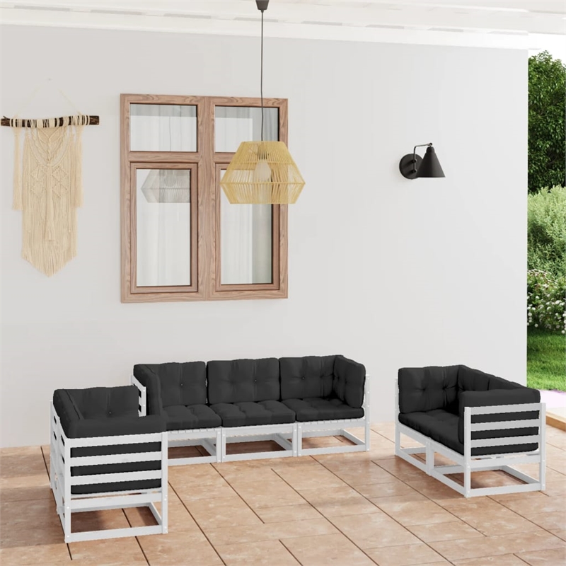 vidaXL 7 Piece Wood Large Garden Lounge Set in White/Anthracite