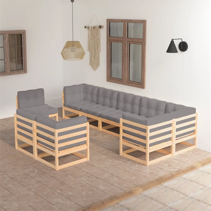 vidaXL 9 Piece Wood Small Garden Lounge Set in Gray/Natural