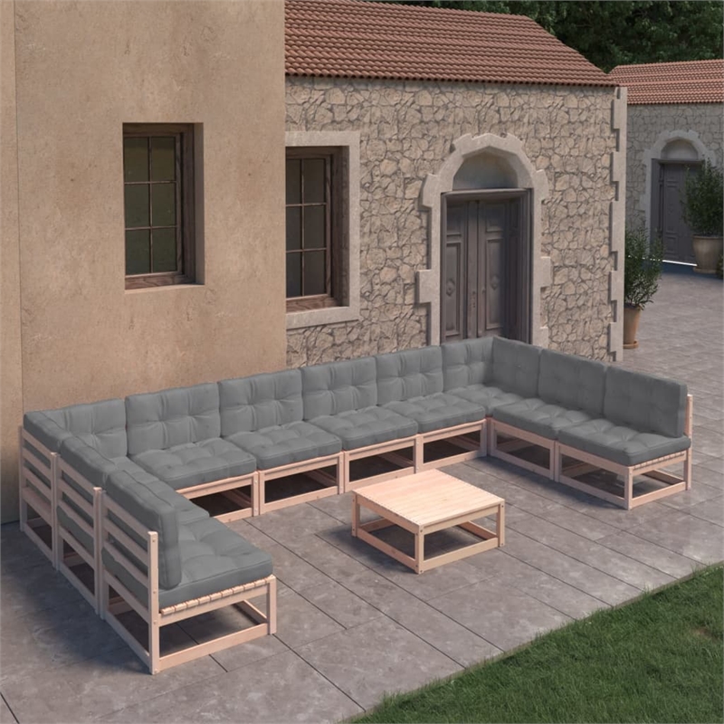 vidaXL 11 Piece Wood Garden Lounge Set in Gray/Natural
