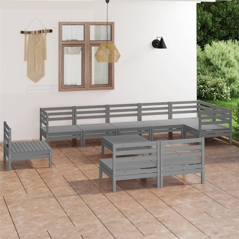 vidaXL 10 Piece Wood Medium Garden Lounge Set in Gray