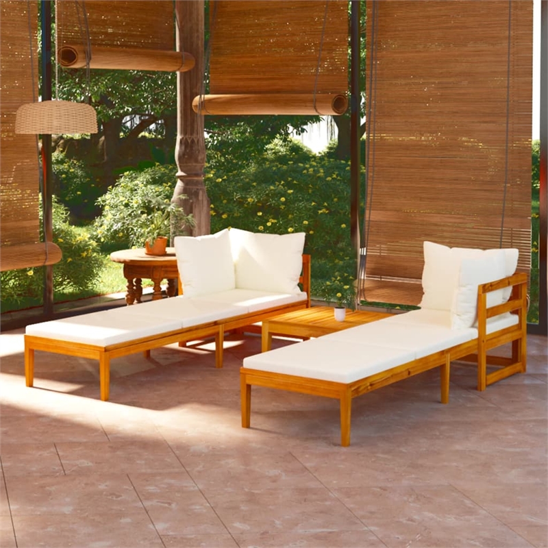 vidaXL 3 Piece Solid Acacia Wood Garden Lounge Set in White/Cream