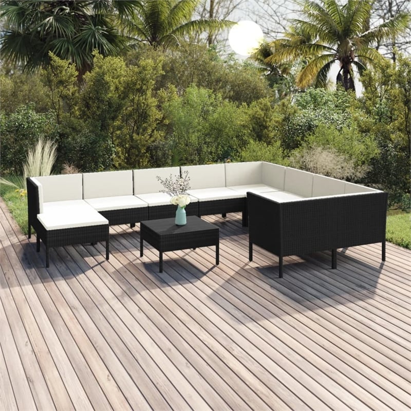 vidaXL 11 Piece Poly Rattan Small Garden Lounge Set in Black/White/Cream