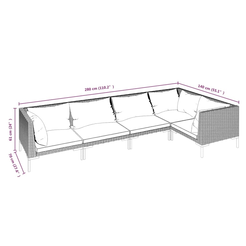 vidaXL 5 Piece Poly Rattan Garden Lounge Set in Gray