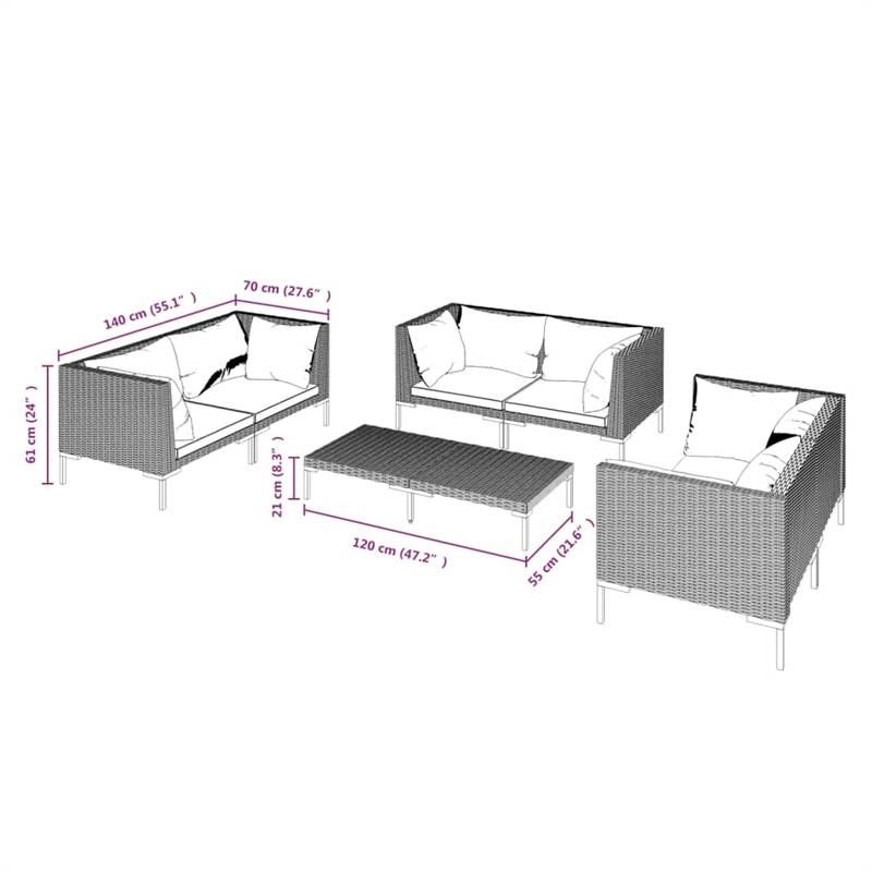 vidaXL 7 Piece Poly Rattan Small Garden Lounge Set in Black/Gray