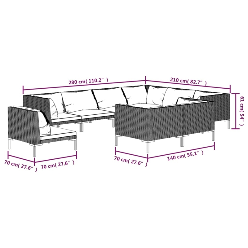 vidaXL 9 Piece Poly Rattan Garden Lounge Set in Black/Gray