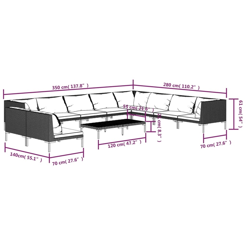 vidaXL 11 Piece Small Garden Lounge Set in Black/Gray