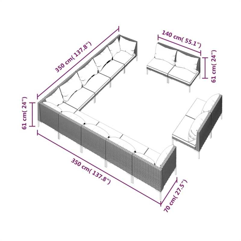 vidaXL 13 Piece Steel Garden Lounge Set in Black/Gray