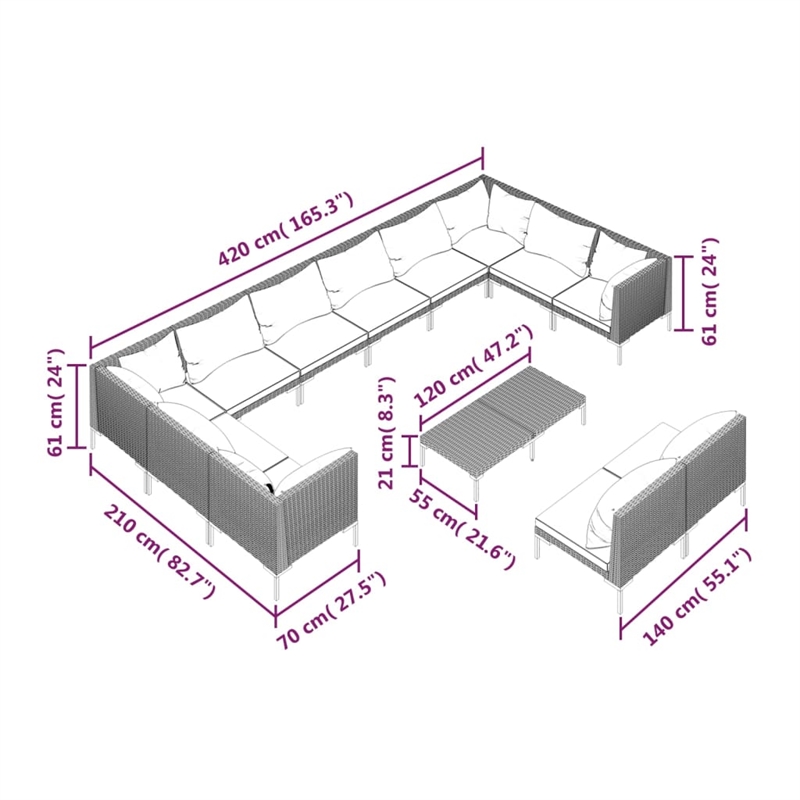 vidaXL 13 Piece Steel Garden Lounge Set in Black/Gray