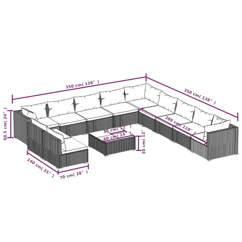 vidaXL 12 Piece Steel Garden Lounge Set in Red/Brown