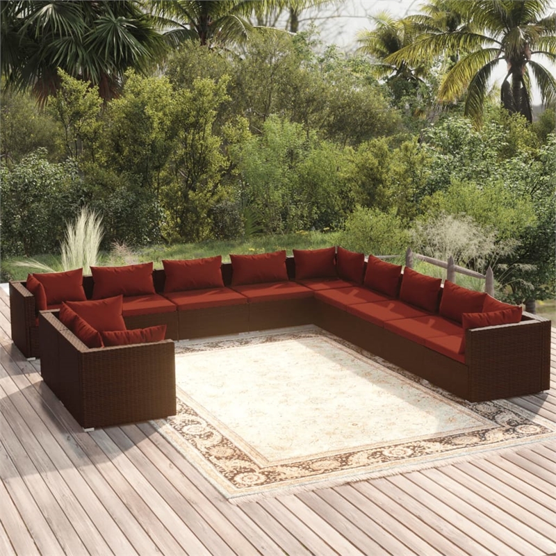 vidaXL 11 Piece Poly Rattan Garden Lounge Set in Red/Brown
