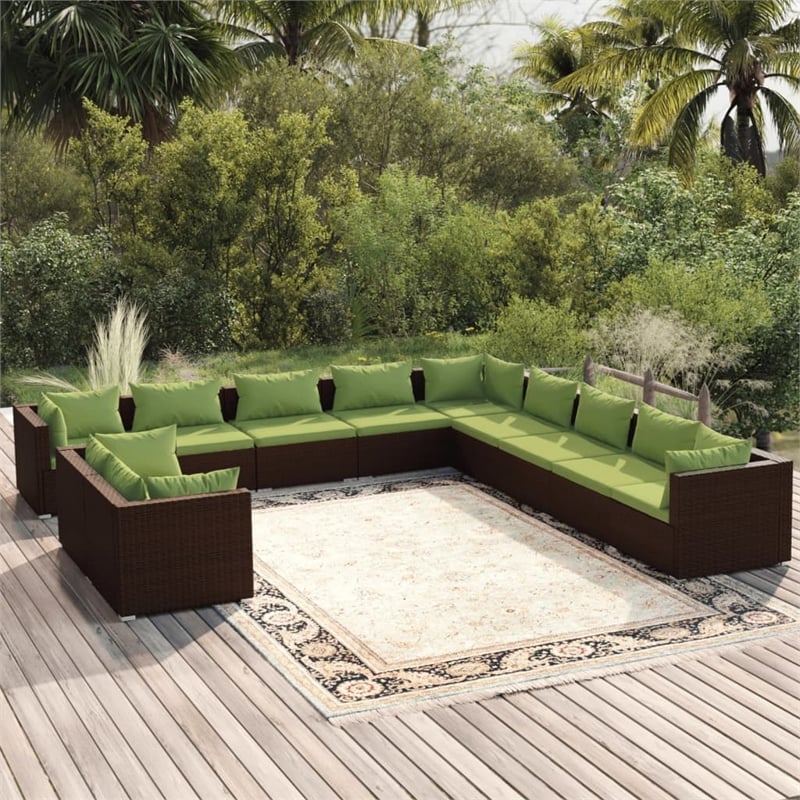 vidaXL 11 Piece Poly Rattan Small Garden Lounge Set in Green/Brown