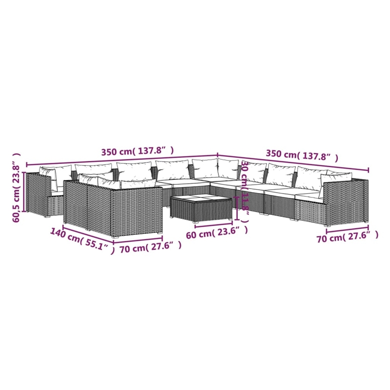 vidaXL 12 Piece Poly Rattan Small Garden Lounge Set