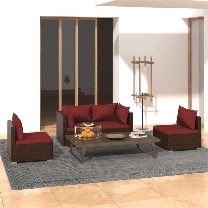 vidaXL 4 Piece Poly Rattan Garden Lounge Set in Red/Brown
