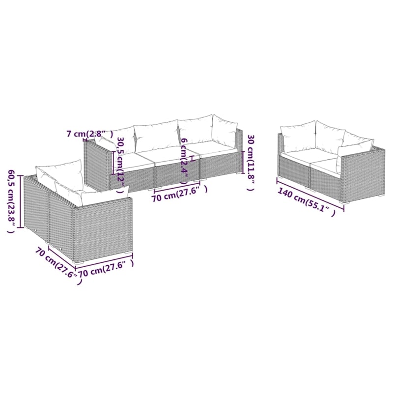 vidaXL 7 Piece Steel Medium Garden Lounge Set in Brown