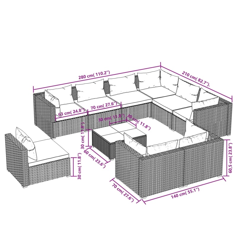 vidaXL 10 Piece Steel Garden Lounge Set in Brown