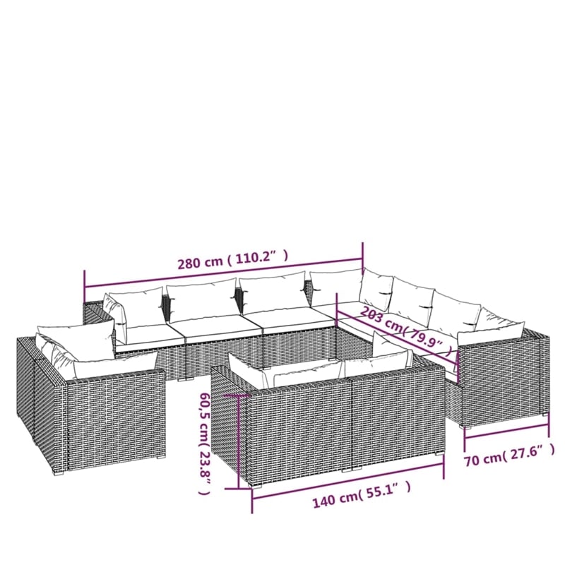vidaXL 11 Piece Poly Rattan Garden Lounge Set in Brown