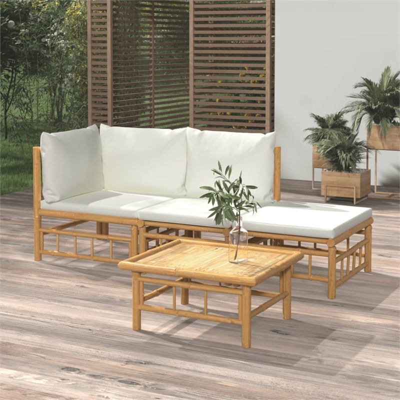 vidaXL 4 Piece Bamboo Garden Lounge Set in White/Cream/Natural