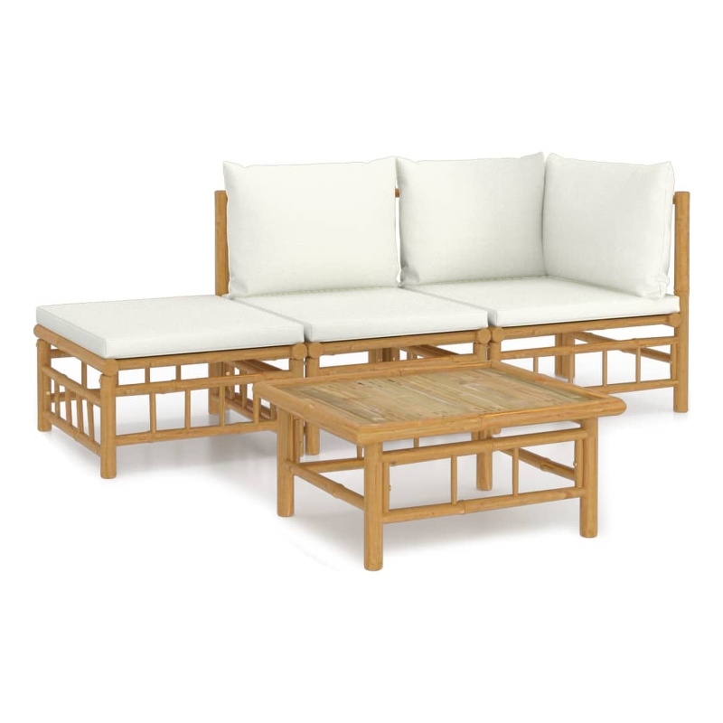 vidaXL 4 Piece Bamboo Garden Lounge Set in White/Cream/Natural
