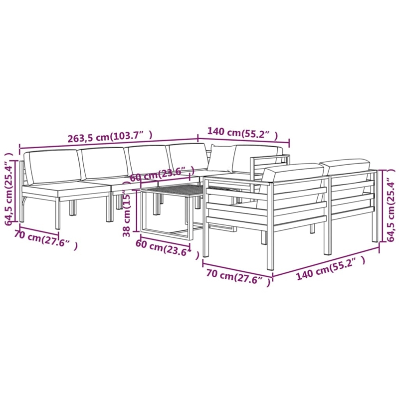 vidaXL 8 Piece Aluminum Large Garden Lounge Set in Anthracite