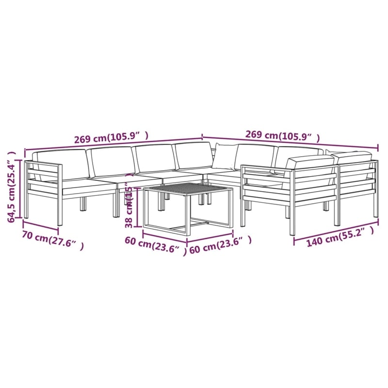 vidaXL 9 Piece Aluminum Large Garden Lounge Set in Anthracite