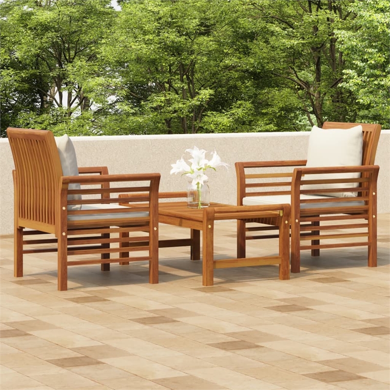 vidaXL 3 Piece Solid Acacia Wood Small Garden Lounge Set in White/Cream/Natural