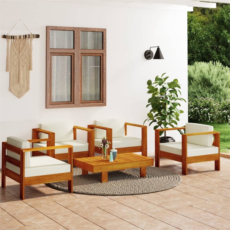 vidaXL 5 Piece Solid Acacia Wood Garden Lounge Set in White/Cream