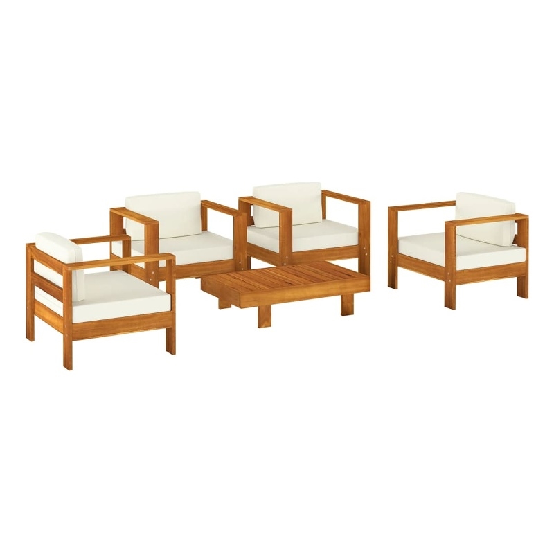 vidaXL 5 Piece Solid Acacia Wood Garden Lounge Set in White/Cream