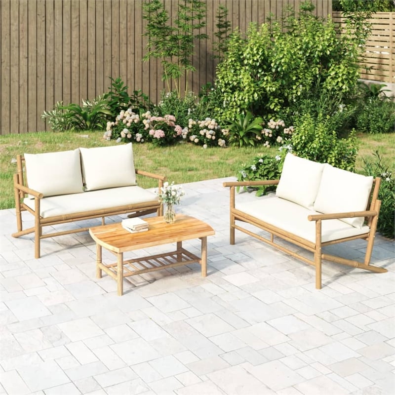 vidaXL 3 Piece Bamboo Small Garden Lounge Set in White/Cream