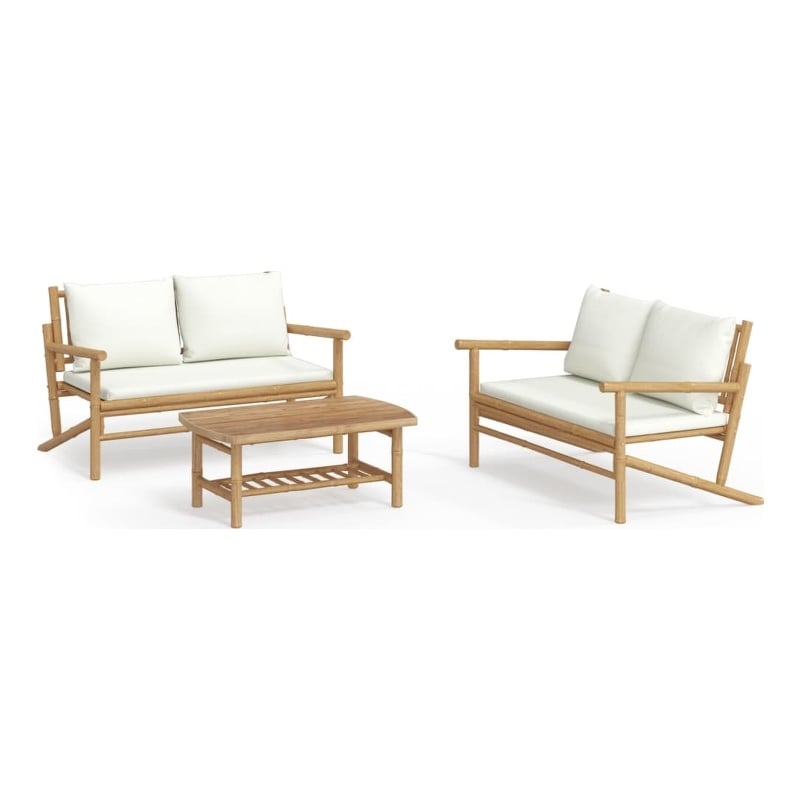 vidaXL 3 Piece Bamboo Small Garden Lounge Set in White/Cream