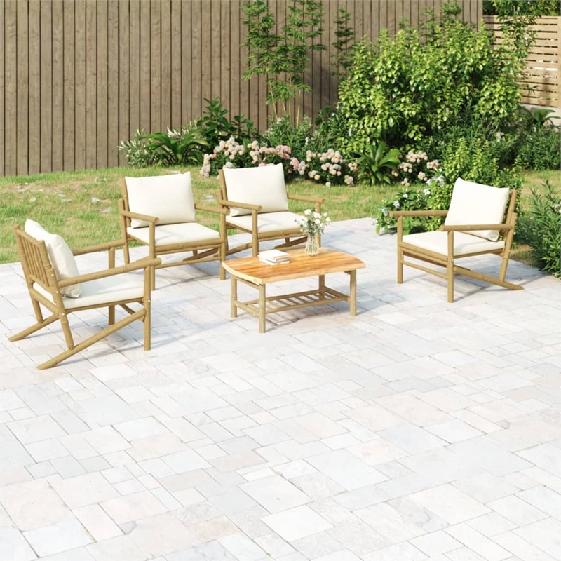 vidaXL 5 Piece Bamboo Garden Lounge Set in White/Cream