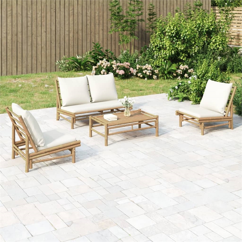 vidaXL Bamboo Small Garden Lounge Set in White/Cream/Natural