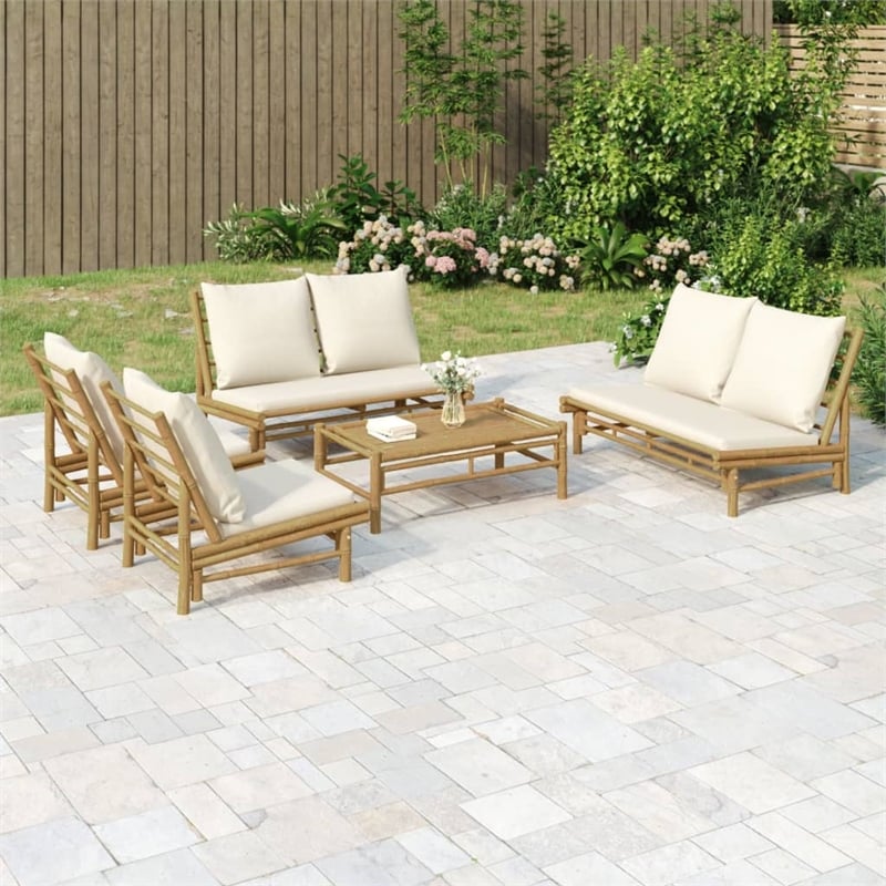 vidaXL 5 Piece Bamboo Garden Lounge Set in White/Cream/Natural