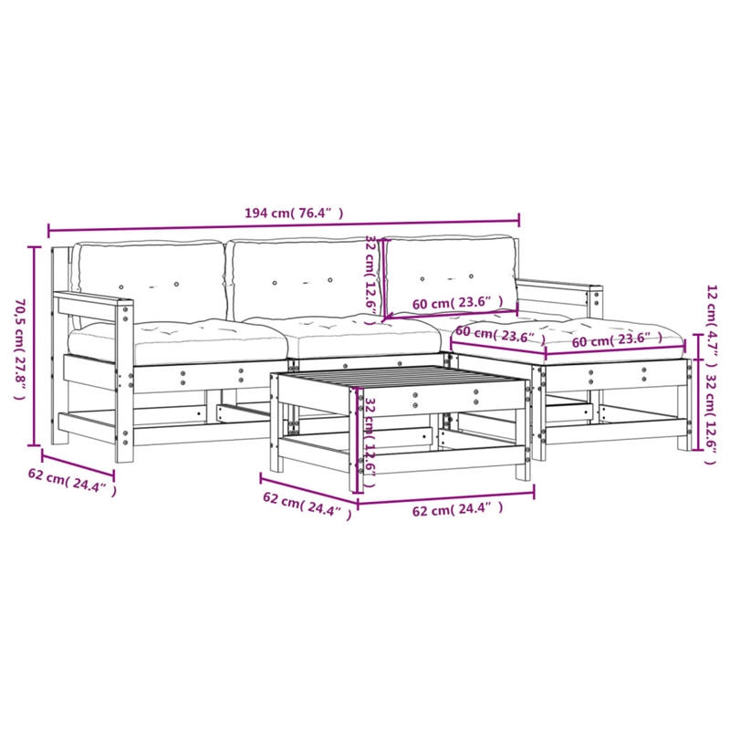 vidaXL 5 Piece Wood Small Garden Lounge Set in White/Anthracite