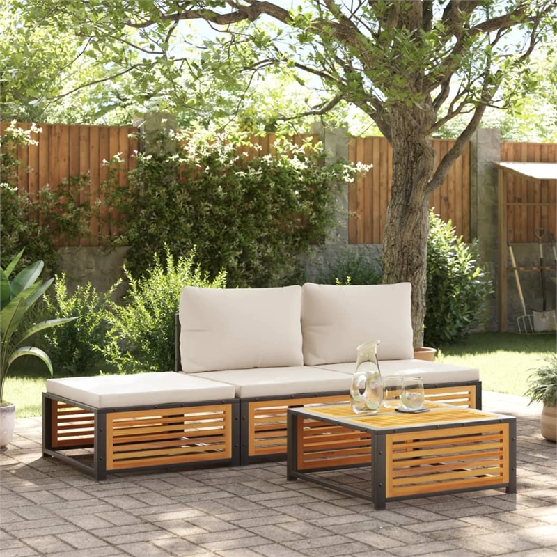 vidaXL 4 Piece Solid Acacia Wood Sofa Set in White/Cream
