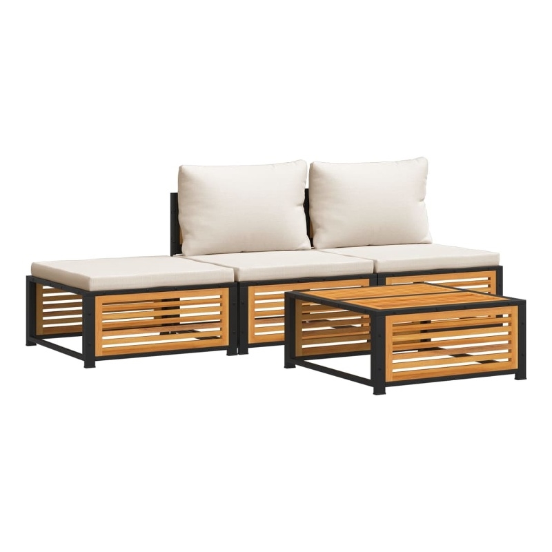 vidaXL 4 Piece Solid Acacia Wood Sofa Set in White/Cream