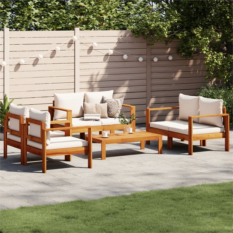 vidaXL 5 Piece Solid Acacia Wood Medium Sofa Set in White/Cream