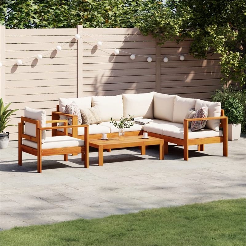 vidaXL 5 Piece Solid Acacia Wood Sofa Set in White/Cream/Natural